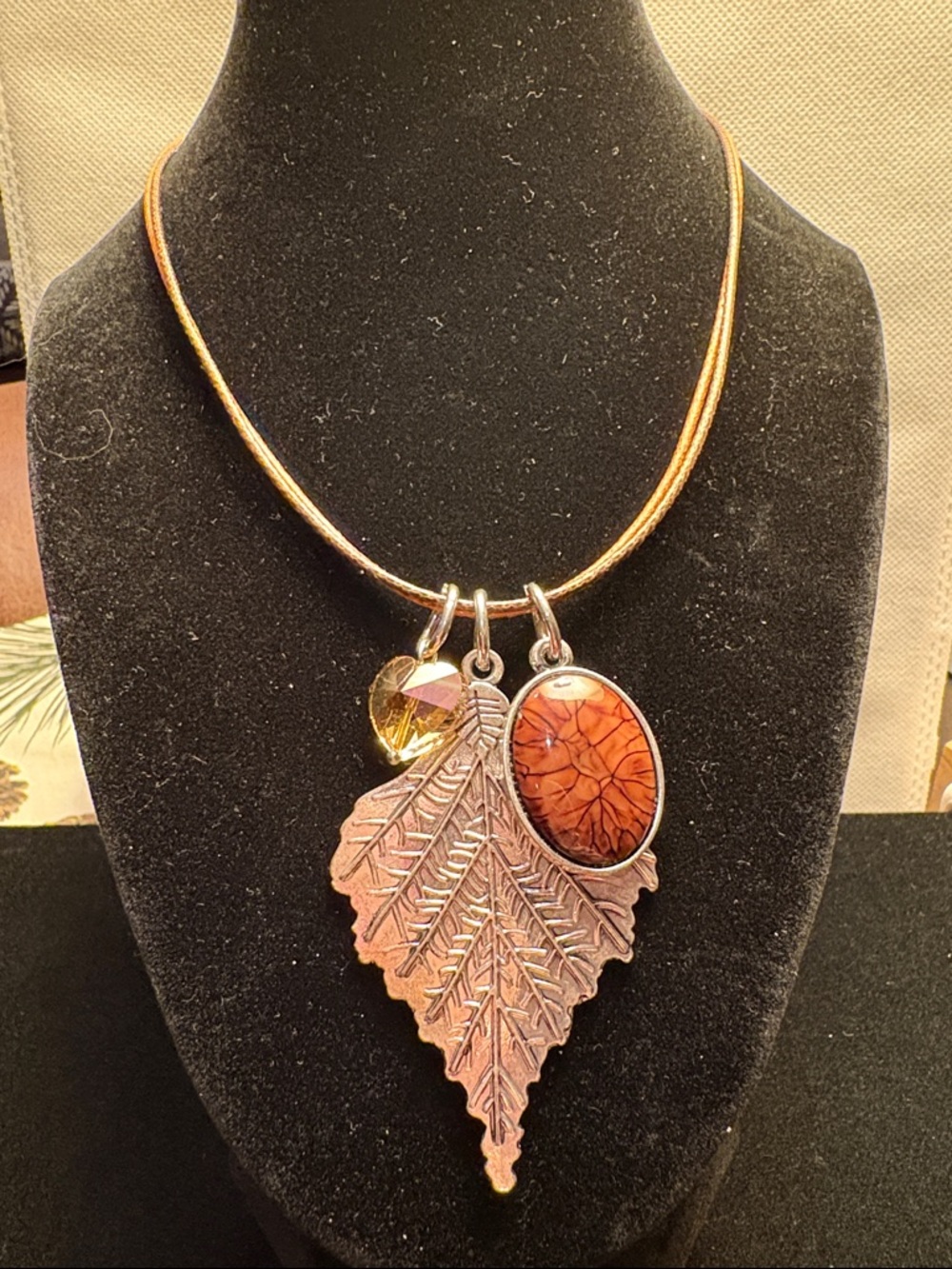 Leaf Pendant Necklace with Brown Cabochon & Amber Heart Accent